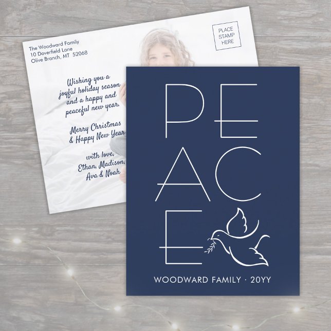 White Dove Modern Unique Peace 1 Photo Navy Blue Helg Vykort (Skapare uppladdad)