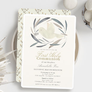 White Dove Olive Gren Första Heligan Communion Inbjudningar