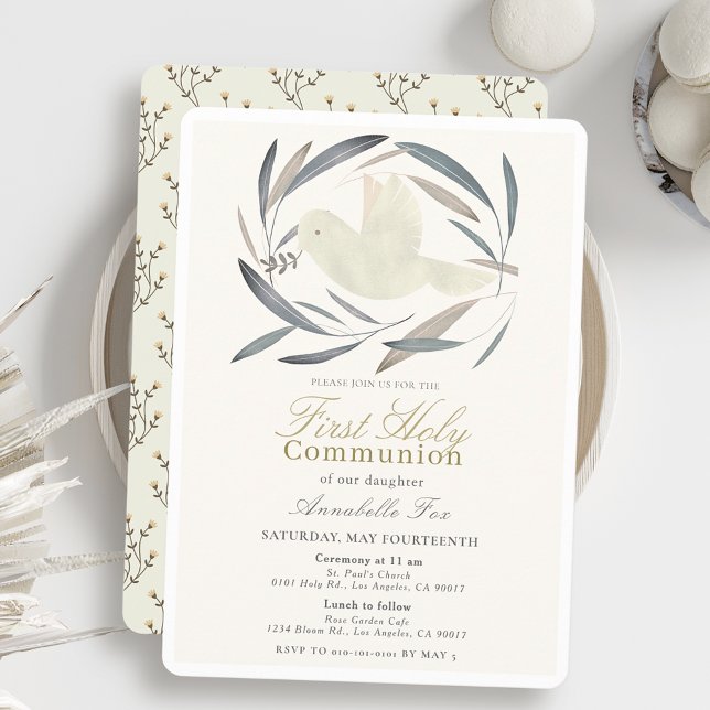 White Dove Olive Gren Första Heligan Communion Inbjudningar (Skapare uppladdad)