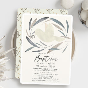 White Dove Olive Gren Greenery Baptism Inbjudningar