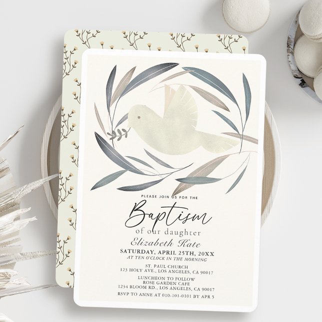 White Dove Olive Gren Greenery Baptism Inbjudningar (Skapare uppladdad)