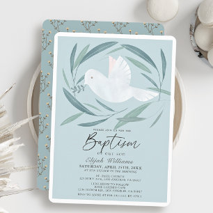White Dove Olive Gren Greenery Blue Boy Baptism Inbjudningar