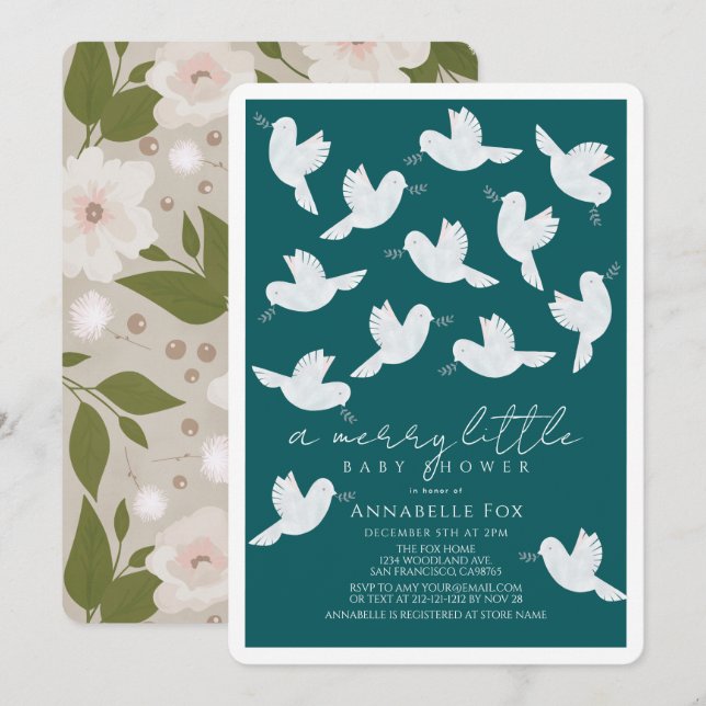 White Dove Olive Teal Boy Merry Little Baby Shower Inbjudningar (Fram/baksida)