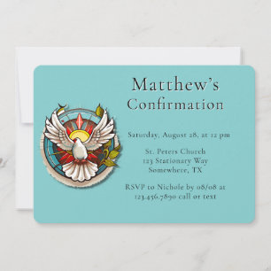 White Dove Teal Blue Confirmation Firande Inbjudningar