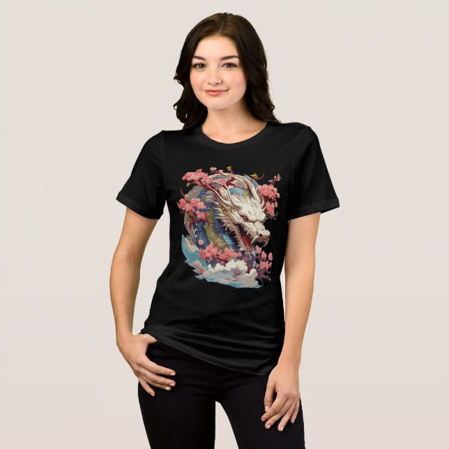 White Dragon with Blossoms Fantasy Art T Shirt (Framsida Full)