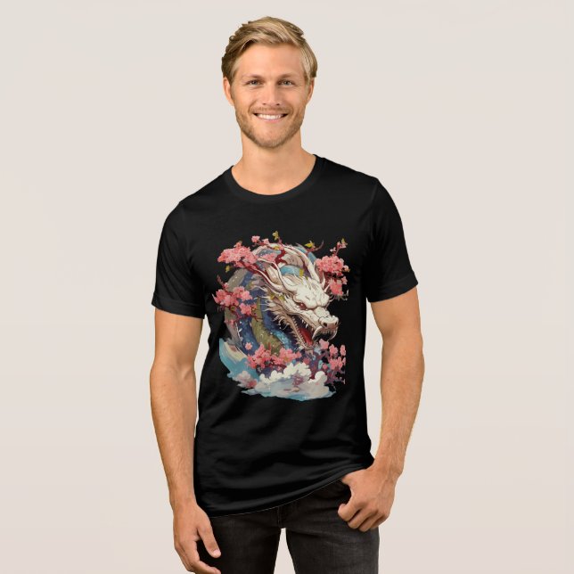 White Dragon with Blossoms Fantasy Art T Shirt (Framsida Full)