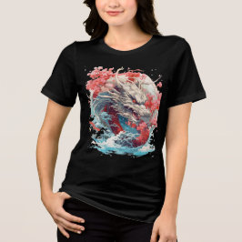 White Dragon with Waves and Sakura T Shirt