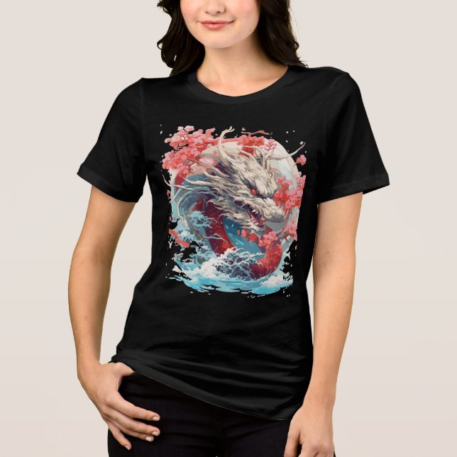 White Dragon with Waves and Sakura T Shirt (Framsida)