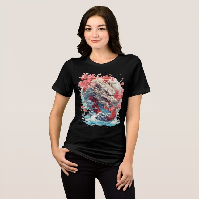 White Dragon with Waves and Sakura T Shirt (Framsida Full)