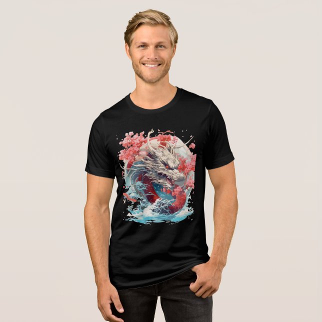 White Dragon with Waves and Sakura T Shirt (Framsida Full)