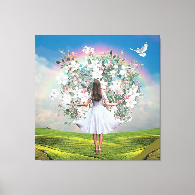 White Dress Girl Bouquet Rainbow Himlar Collage Canvastryck (Framsida)