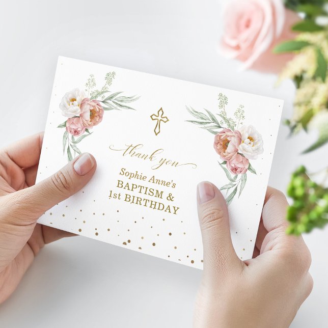 White Dusty Ro Blommigt 1: a födelsedag Baptism Tack Kort (Skapare uppladdad)