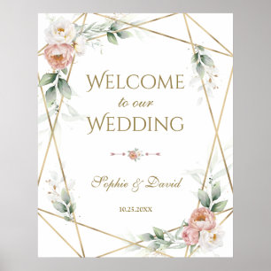 White Dusty Ro Blommigt Guld Greenery Bröllop Sign Poster
