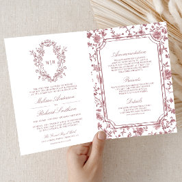 White Dusty Rose Chinoiserie Crest QR Code Wedding Inbjudan