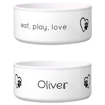White 'eat, play, love' Dog Name Bowl