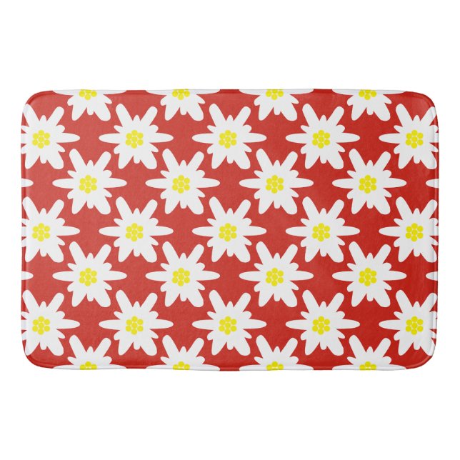 White Edelweiss Flowers Pattern in Red Badrumsmatta (Framsidan)