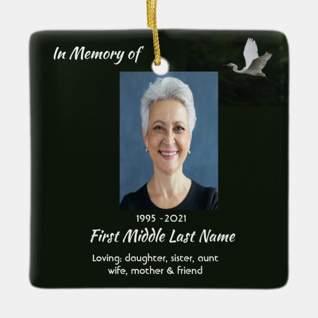 White Egret Bird Memorial Keepsake  Julgransprydnad Keramik (Framsida)