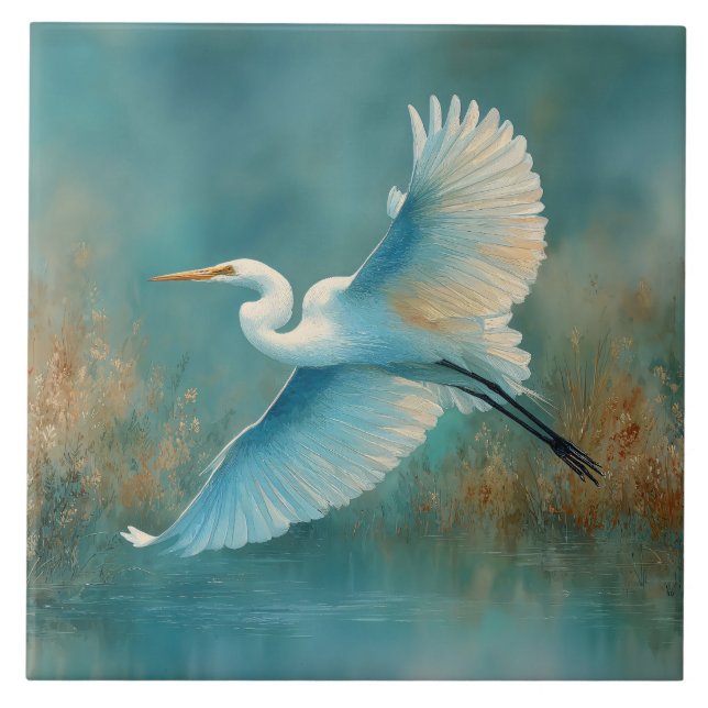White Egret in Flight Watercolor Kakelplatta (Framsidan)