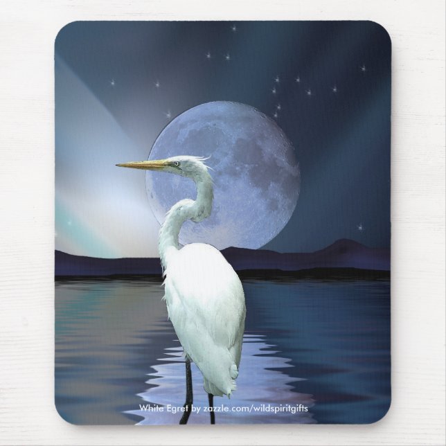WHITE EGRET, MÅNE & AURORA Mousepad Musmatta (Framsidan)