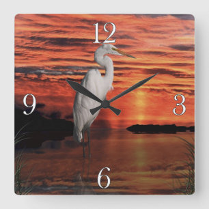 White Egret & Sunset Wildlife Nature Scene Fyrkantig Klocka