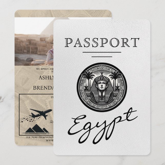 White Egypt Passport Wedding Invitation Inbjudningar (Fram/baksida)