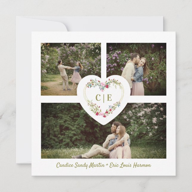 White Elegant Floral Pink Heart 3 Photos  Wedding Inbjudningar (Framsida)