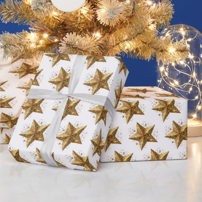 White Elegant Gold Stars Pattern New Year winter Presentpapper (Helgdagar)