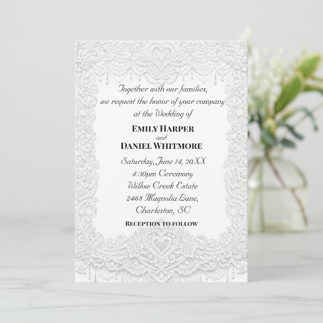 White Elegant Lace Wedding Invitation Inbjudningar (Stående Fram)