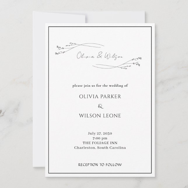 White Elegant Minimalist Botanical Wedding Inbjudningar (Framsida)