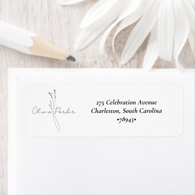 White Elegant Minimalist Botanical Wedding Returadress Etikett (Insitu)