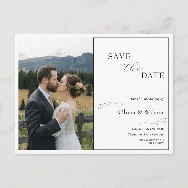 White Elegant Minimalist With Photo Save the Date Vykort (Framsida)