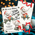 White Elephant-julklappar Exchange-barn Inbjudningar<br><div class="desc">Watercolor white Elephant Gift Exchange-inbjudningar. Har vita elefanter från baby med tomthattar och håller presenter och gåva med grå löv-accenter på en lätt fläckig grädbakgrund. Alla formuleringar kan ändras. Underbar för en barnhemlig jultomt, födelsedag, väninna party, presentbyten eller till och med en babydusch! Om du vill göra fler ändringar går...</div>