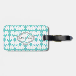 White Elephant Mönster Aqua Monogram Bagagebricka