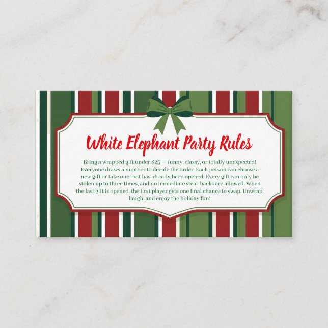 White Elephant Party Rules Card | Funny & Elegant  Tilläggskort (Framsida)