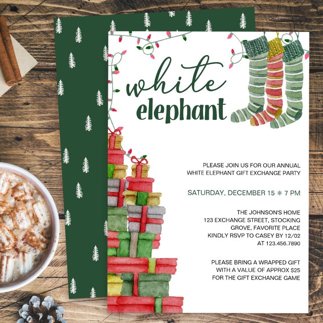 White Elephant Stockings och Presenter Helgdag Inbjudningar (White Elephant Holiday Gift Exchange Party Invitation)