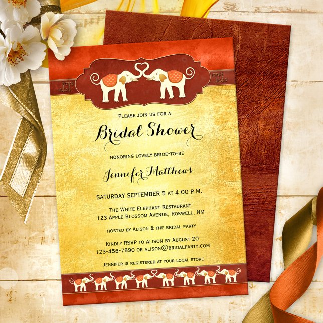 White Elephants Indian Inbjudningskort för möhippa (Elegant Indian bridal shower invitation featuring two ivory colored elephants in love, with tribe)