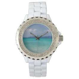 White Enamel Watch med Island Scene Armbandsur