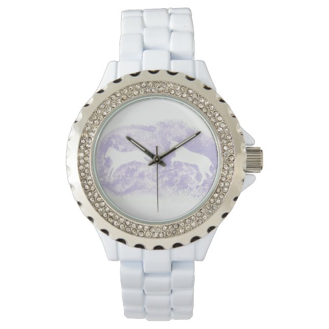 White Enamel Watch med Lavender Horse Art Armbandsur (Framsida)