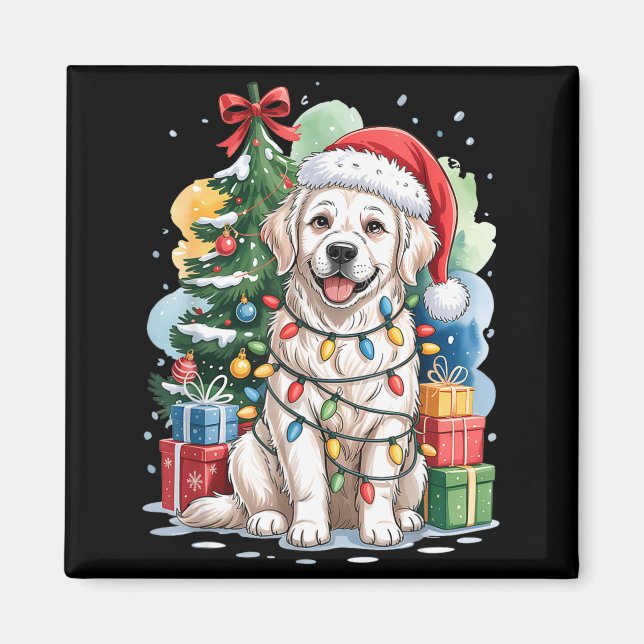 White English Golden Retriever Santa Hat Christmas Magnet (Framsidan)