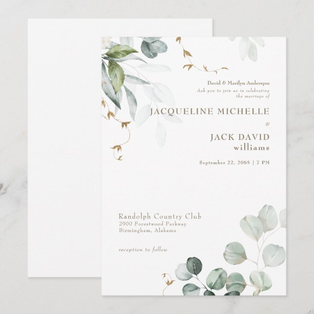 White Eucalyptus Elegance Bride Parents Bröllop Inbjudningar (Fram/baksida)