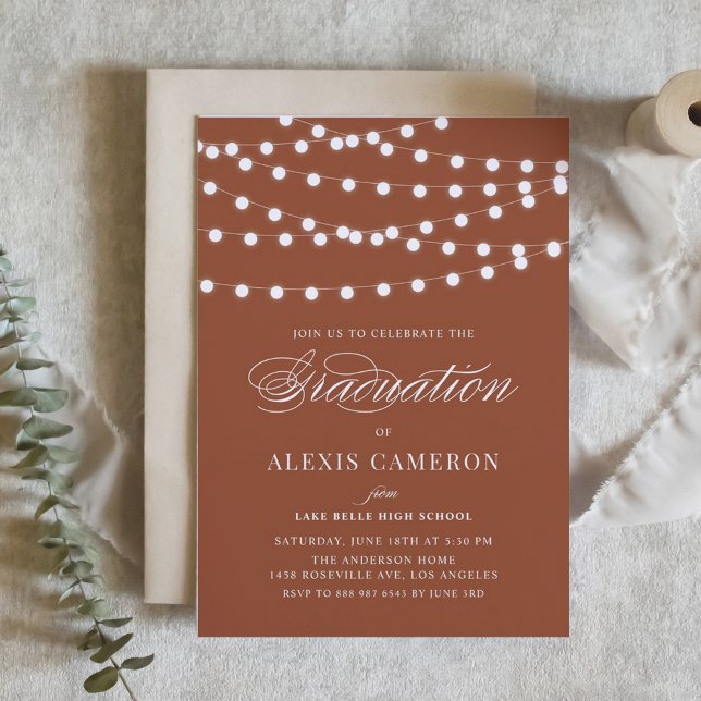 White Fairy Ljus Terracotta Studentfest Inbjudningar (Customizable boho graduation invitation featuring white string lights. Available in other colors.)