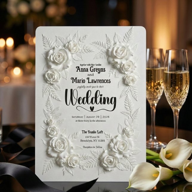 White Faux Bas Relief Floral Wedding Invitation Inbjudningar (Skapare uppladdad)