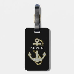 White Faux Glitter & Guld Nautical Anchor Bagagebricka