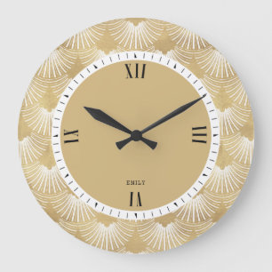 White & Faux Guld Art-Deco Mönster Stor Klocka