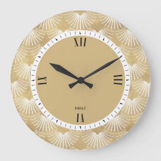 White & Faux Guld Art-Deco Mönster Stor Klocka