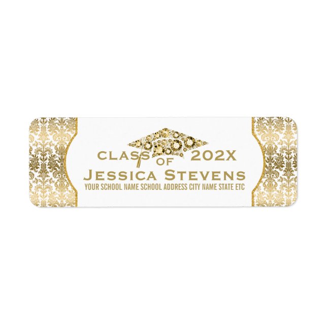 White & Faux Guld Damasks & Glitter Grad Hat Label Returadress Etikett (Framsidan)