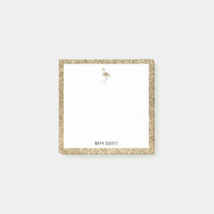 White + Faux Guld Glitter Flamingo & Gräns, Namn Post-it Block