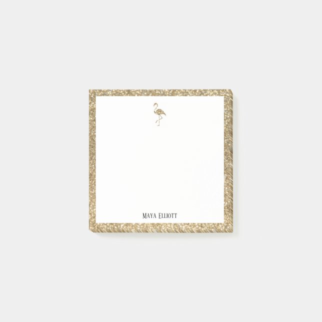 White + Faux Guld Glitter Flamingo & Gräns, Namn Post-it Block (Framsida)