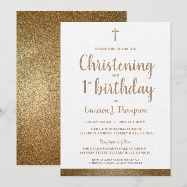 White Faux Guld Kor Christening och 1:a födelsedag Inbjudningar (Fram/baksida)
