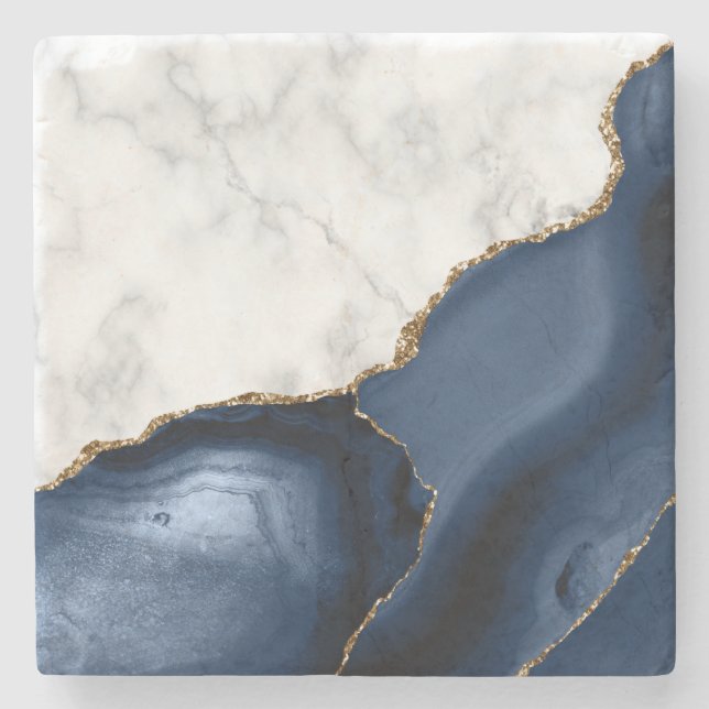 White Faux Marble Gilded Navy Blue Agate Stenunderlägg (Framsidan)